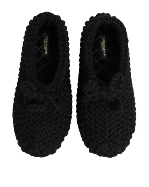 Dolce & Gabbana Black Knit Bow Flat Slippers