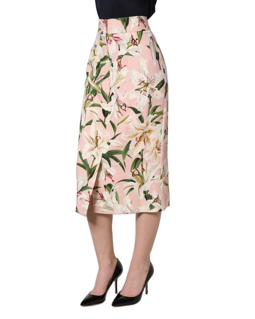 Dolce & Gabbana Green Lilium Print High Waist Pencil Skirt Silk Elastane