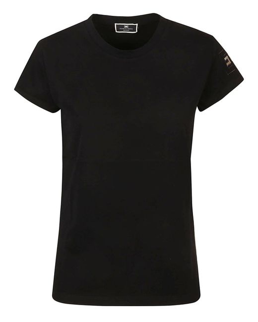 Elisabetta Franchi Black Monogram-Embroidered Crewneck T-Shirt