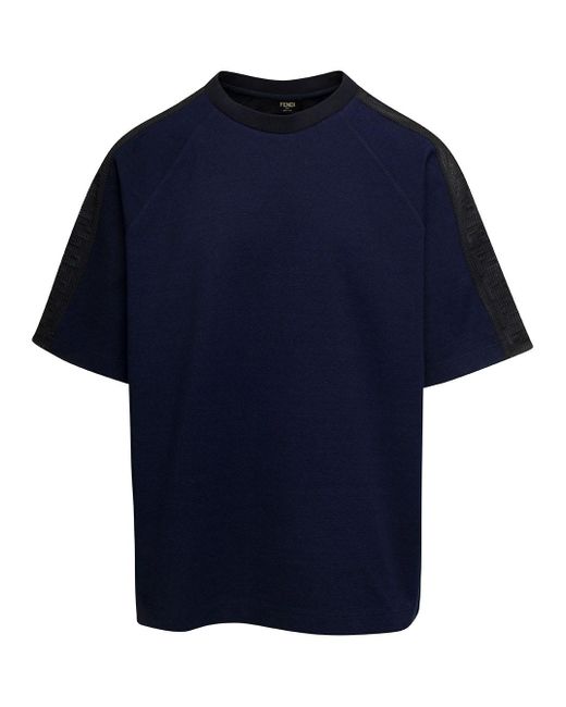 Fendi Denim-blue Crewneck T-shirt With Mesh Bands And Embossed Ff Motif In Jersey for men