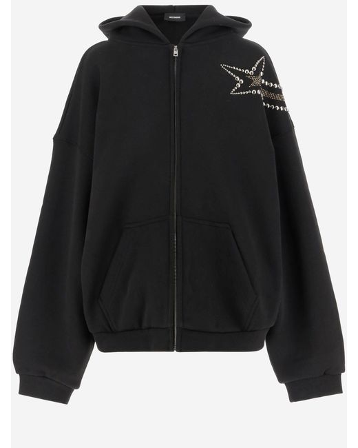 we11done Black Cotton Hoodie With Star Detail And Front Zipper for men