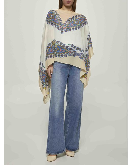Etro Blue Ivory Paisley Print Crêpe De Chine Poncho
