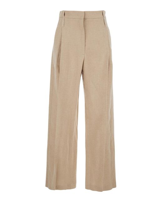 Tela Natural Pants With Pleats On The Front