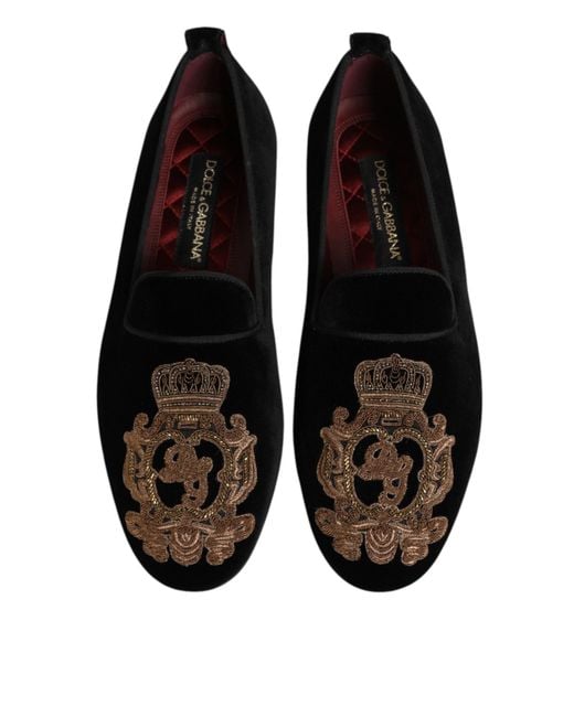 Dolce & Gabbana Black Velvet Crown Loafers Shoes for men