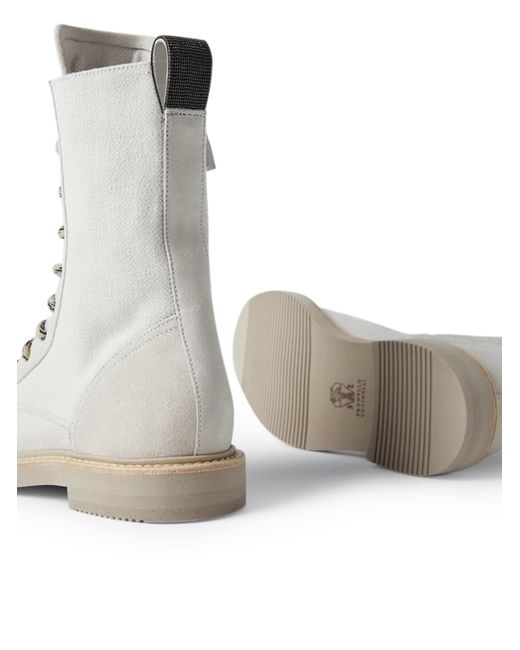 Brunello Cucinelli White Cotton-linen Ankle Boots