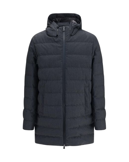 Herno Blue Long Padded Hooded Jacket Polyester Coat for men