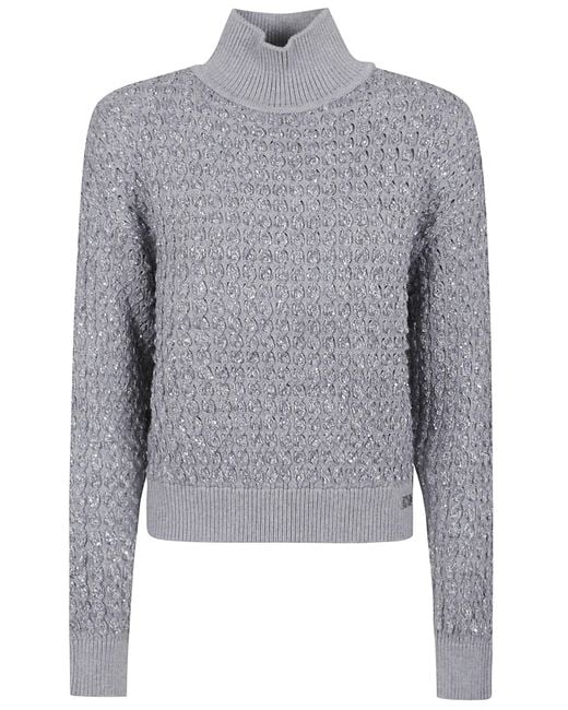 Elisabetta Franchi Gray Bouclé Sweater With High Neck And Textured Finish