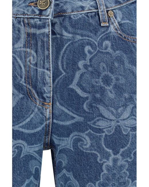 Etro Blue Ornamental Jacquard Denim Jeans Cotton