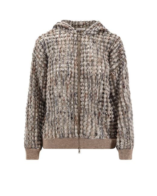 Brunello Cucinelli Natural Perforated Wool Blend Cardigan With Sequins