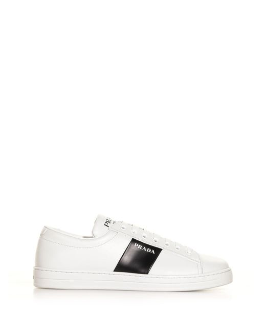 Prada White Brushed Leather And Leather Sneakers for men