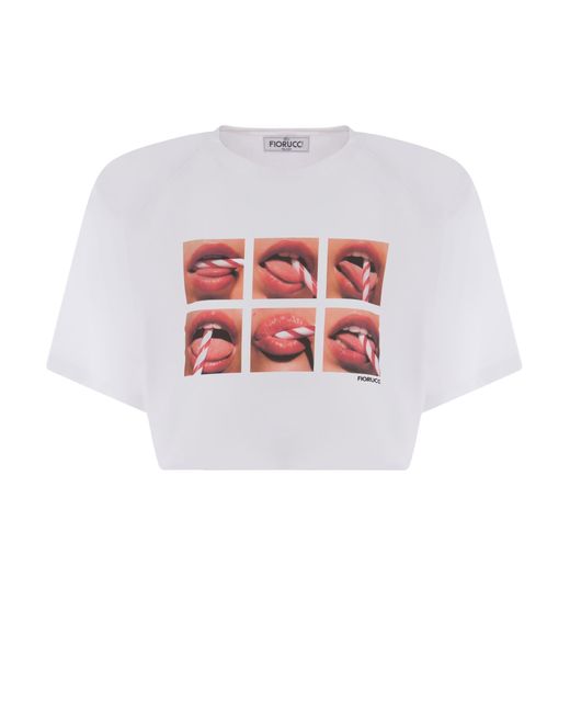 Fiorucci White Crop T-Shirt Mouth Made Of Cotton