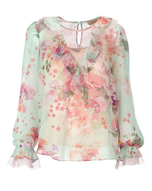 Twinset Green Floral Blouse in Pink | Lyst