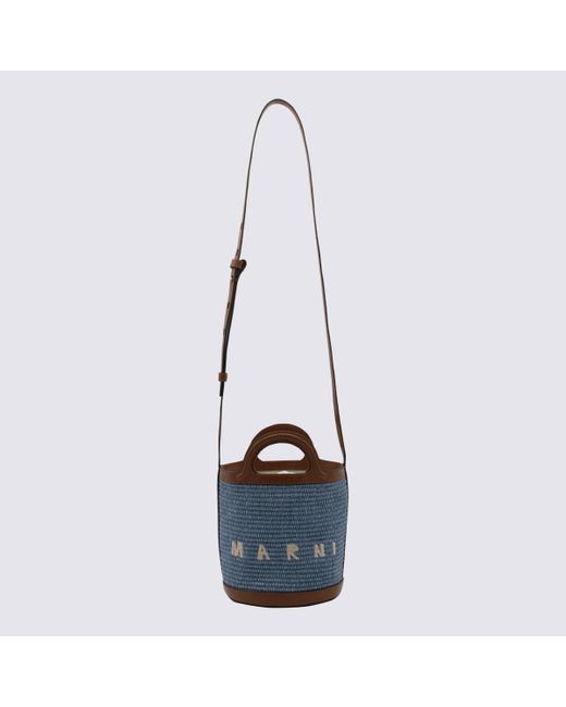Marni Brown Leather And Blue Raffia Tropicalia Handle Bag