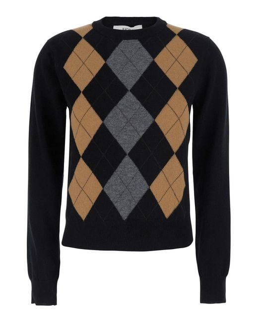 Jucca Black Round-Neck Sweater With Argyle Motif — Wool Tops