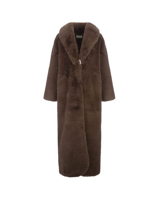 GIUSEPPE DI MORABITO Brown Long Faux Fur Coat With Brooch