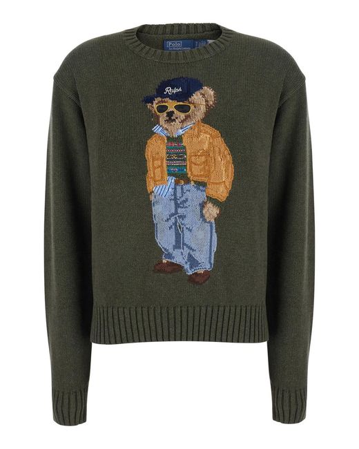 Polo Ralph Lauren Green Crewneck Sweater Bear Embroidery Wool Tops