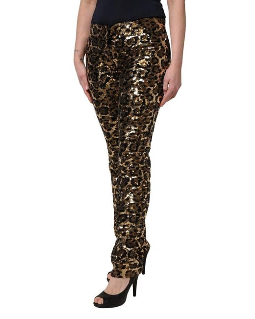 Dolce & Gabbana Black Leopard Sequined Straight Trouser Pants Polyester Silk