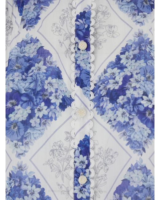Twinset Blue High Neck Floral Pattern All-Over Fabric Shirt For Ramie And Blouses