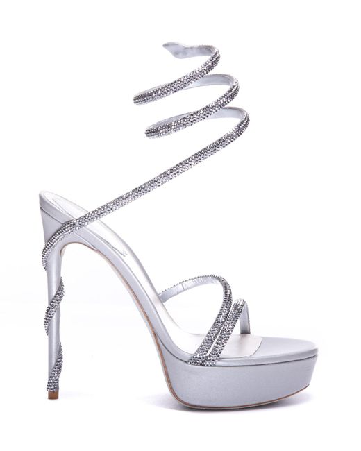 Rene Caovilla Leather Margot Crystal Platform Sandal in Silver (White) | Lyst