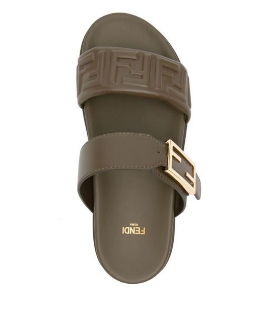 Fendi Green Double-Band Flat Slide Sandals With Decorative Buckle