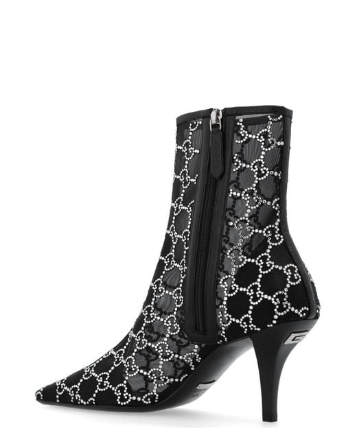Gucci Black Gg Crystals-Embellished Pointed-Toe Ankle Boots