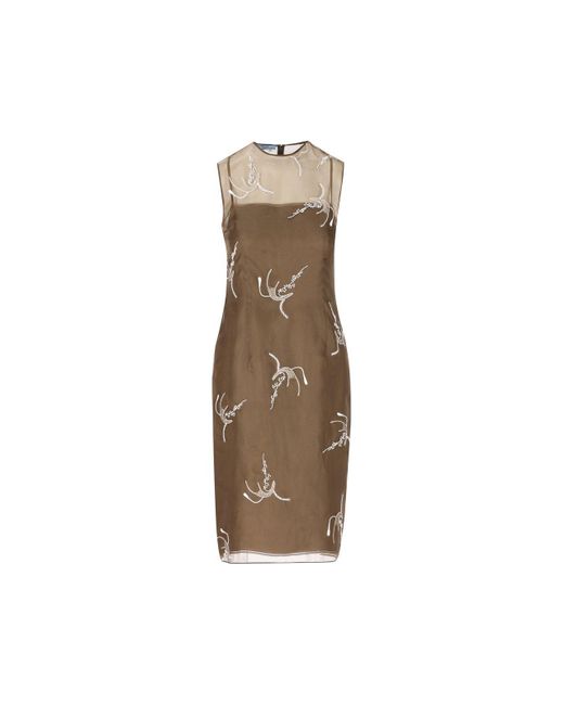Prada Natural Allover Embroidered Sleeveless Midi Dress