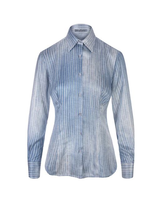 Ermanno Scervino Blue Jeans Printed Pinstripe Satin Shirt
