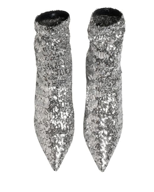 Dolce & Gabbana Gray Sequined Short Boots Stretch Shoes Polyester