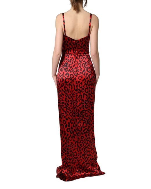 Dolce & Gabbana Red Leopard Draped Sleeveless Maxi Dress Silk Elastane