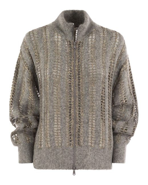 Brunello Cucinelli Gray Wool And Mohair Cardigan With Mesh Workmanship