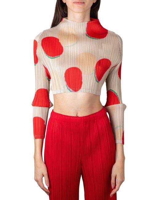 Pleats Please Issey Miyake Red Bean Dots High-neck Pleated Cropped Top