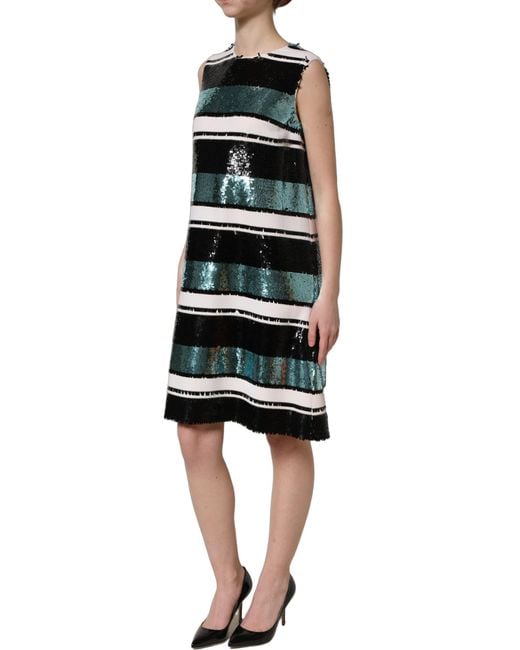 Dolce & Gabbana Black Sequined Sleeveless Shift Dress Virgin Wool Elastane