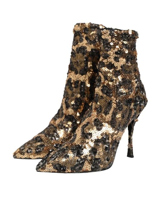 Dolce & Gabbana Gray Leopard Sequin Sock Ankle Boots Shoes Elastane Nylon Polyester