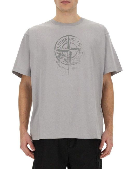Stone Island Gray Compass Printed Crewneck T-shirt for men