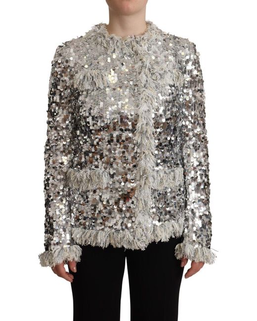 Dolce & Gabbana Gray Silver Sequined Shearling Long Sleeves Jacket Nylon