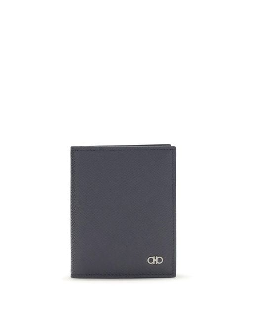 Ferragamo Blue Gancini Card Holder Calf Leather Bos Taurus Wallet for men