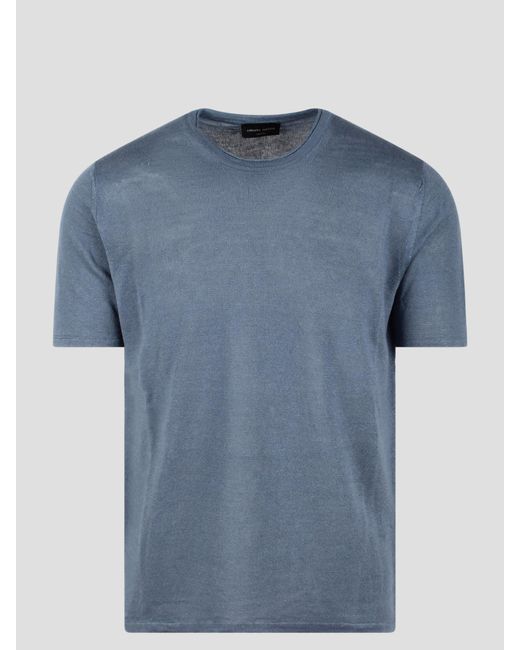 Roberto Collina Blue Linen Knit Short Sleeve T-Shirt for men