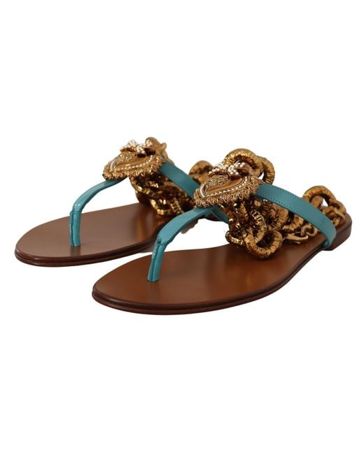 Dolce & Gabbana Blue Leather Devotion Flats Sandals