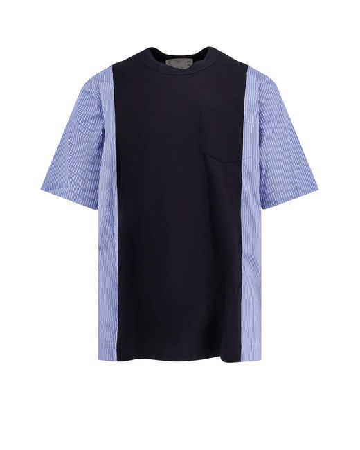 Sacai Blue Cotton Jersey T-Shirt With Popeline Inserts for men