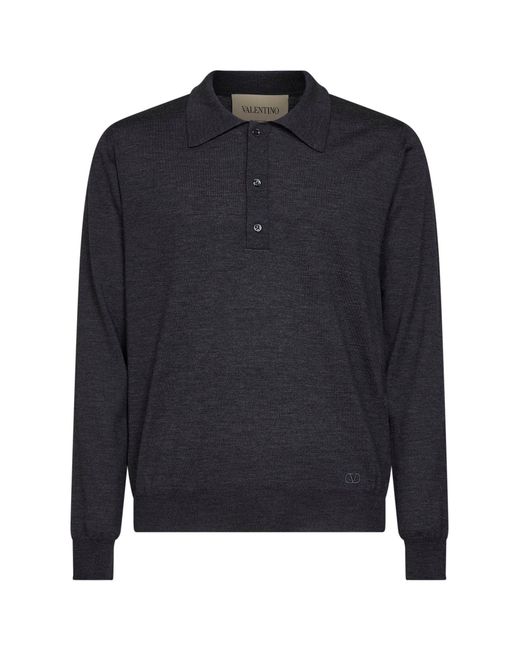 Valentino Blue Dark Wool Polo Shirt With Vlogo Embroidery for men
