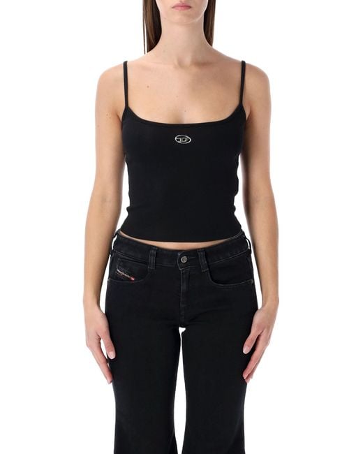 DIESEL Black Ribbed Stretch Cotton Top With Metallic Oval D Logo