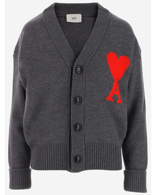 AMI Black Wool Cardigan With Logo