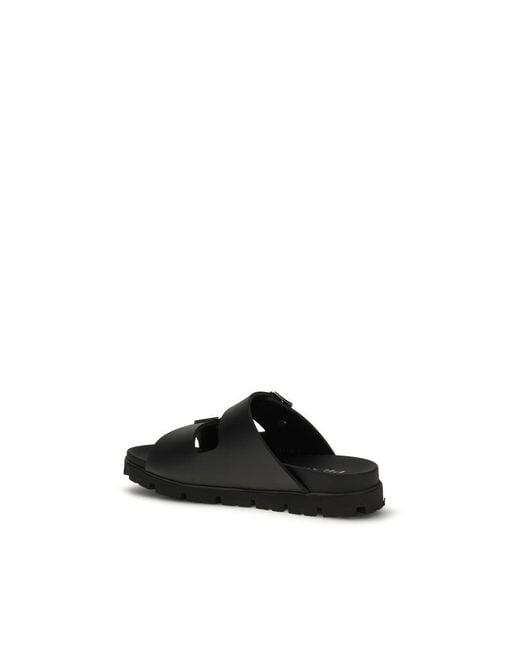 Prada Black Calf Leather Bos Taurus Flat Sandals for men