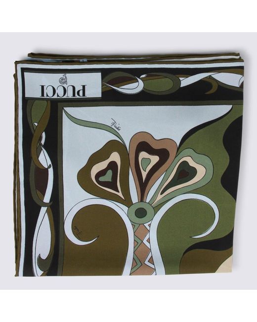 Emilio Pucci Green Khaki Silk Scarf