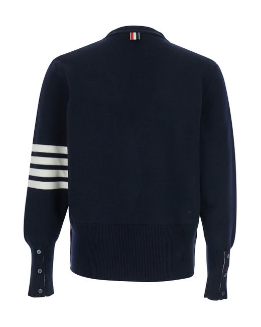 Thom Browne Blue Cardigan With V Neck And Striped Detail On The Sleeve for men