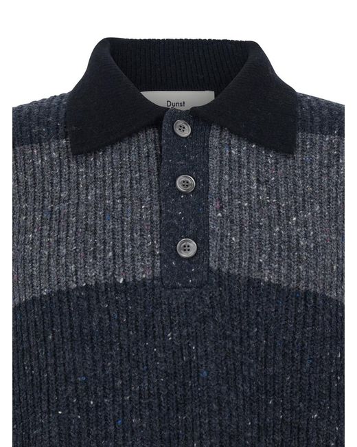 DUNST Blue Polo Shirt With Ribbed Design And Striped Motif for men