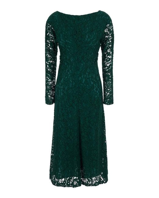 Le Plain Green Long Dress With Lace Sleeves