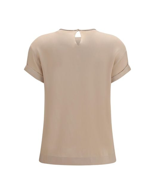 Brunello Cucinelli Natural Silk Blouse With Monili Chain T-Shirts & Jerseys