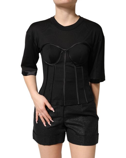 Dolce & Gabbana Black Cotton Bustier Corset Short Sleeves T-Shirt