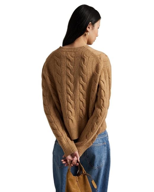 Polo Ralph Lauren Natural Camel Cable-Knit Wool And Cashmere Crewneck Sweater With Pony Embroidery